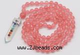 GMN1458 Hand-knotted 8mm, 10mm cherry quartz 108 beads mala necklace with pendant