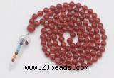 GMN1530 Hand-knotted 8mm, 10mm red agate 108 beads mala necklace with pendant