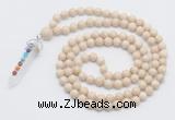 GMN1554 Knotted 8mm, 10mm white fossil jasper 108 beads mala necklace with pendant