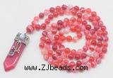 GMN1559 Knotted 8mm, 10mm red banded agate 108 beads mala necklace with pendant
