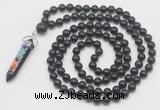 GMN1561 Knotted 8mm, 10mm black obsidian 108 beads mala necklace with pendant