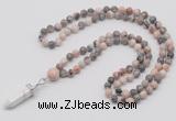 GMN1609 Hand-knotted 6mm pink zebra jasper 108 beads mala necklace with pendant