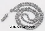 GMN1652 Hand-knotted 6mm grey picture jasper 108 beads mala necklaces with pendant