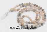 GMN1660 Hand-knotted 6mm bamboo leaf agate 108 beads mala necklaces with pendant