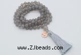 GMN1750 Knotted 8mm, 10mm grey agate 108 beads mala necklace with tassel & charm