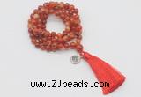 GMN1757 Knotted 8mm, 10mm red banded agate 108 beads mala necklace with tassel & charm