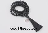 GMN1758 Knotted 8mm, 10mm black banded agate 108 beads mala necklace with tassel & charm