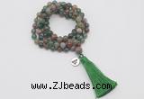 GMN1762 Knotted 8mm, 10mm Indian agate 108 beads mala necklace with tassel & charm