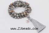 GMN1764 Knotted 8mm, 10mm silver needle agate 108 beads mala necklace with tassel & charm