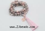 GMN1770 Knotted 8mm, 10mm pink zebra jasper 108 beads mala necklace with tassel & charm