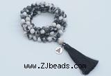 GMN1772 Knotted 8mm, 10mm black & white jasper 108 beads mala necklace with tassel & charm