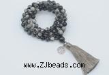 GMN1773 Knotted 8mm, 10mm black water jasper 108 beads mala necklace with tassel & charm