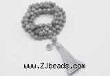 GMN1774 Knotted 8mm, 10mm grey picture jasper 108 beads mala necklace with tassel & charm