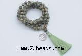 GMN1791 Knotted 8mm, 10mm rhyolite 108 beads mala necklace with tassel & charm