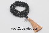 GMN1794 Knotted 8mm, 10mm golden obsidian 108 beads mala necklace with tassel & charm
