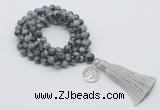 GMN1797 Knotted 8mm, 10mm eagle eye jasper 108 beads mala necklace tassel & charm