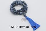 GMN1798 Knotted 8mm, 10mm dumortierite 108 beads mala necklace with tassel & charm