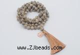 GMN1802 Knotted 8mm, 10mm feldspar 108 beads mala necklace with tassel & charm