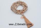 GMN1804 Knotted 8mm, 10mm sunstone 108 beads mala necklace with tassel & charm