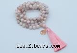 GMN1807 Knotted 8mm, 10mm natural pink opal 108 beads mala necklace with tassel & charm