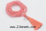 GMN1814 Knotted 8mm, 10mm cherry quartz 108 beads mala necklace with tassel & charm