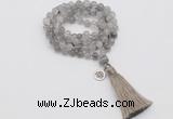 GMN1818 Knotted 8mm, 10mm cloudy quartz 108 beads mala necklace with tassel & charm