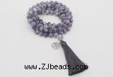 GMN1820 Knotted 8mm, 10mm dogtooth amethyst 108 beads mala necklace with tassel & charm