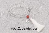 GMN1822 Knotted 8mm, 10mm white crystal 108 beads mala necklace with tassel & charm