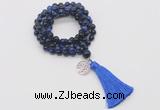 GMN1835 Knotted 8mm, 10mm blue tiger eye 108 beads mala necklace with tassel & charm