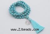 GMN1837 Knotted 8mm, 10mm blue howlite 108 beads mala necklace with tassel & charm