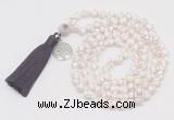 GMN1856 Knotted 8mm, 10mm faceted Tibetan agate 108 beads mala necklace with tassel & charm