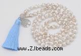 GMN1857 Knotted 8mm, 10mm faceted Tibetan agate 108 beads mala necklace with tassel & charm