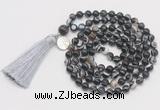 GMN1862 Knotted 8mm, 10mm black banded agate 108 beads mala necklace with tassel & charm