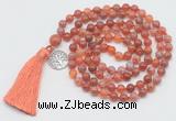 GMN1866 Knotted 8mm, 10mm fire agate 108 beads mala necklace with tassel & charm