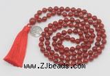 GMN1868 Knotted 8mm, 10mm red agate 108 beads mala necklace with tassel & charm