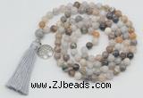 GMN1870 Knotted 8mm, 10mm bamboo leaf agate 108 beads mala necklace with tassel & charm