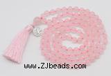 GMN1872 Knotted 8mm, 10mm rose quartz 108 beads mala necklace with tassel & charm