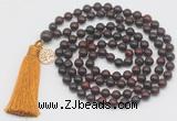 GMN1877 Knotted 8mm, 10mm brecciated jasper 108 beads mala necklace with tassel & charm