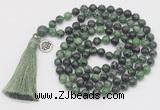 GMN1880 Knotted 8mm, 10mm ruby zoisite 108 beads mala necklace with tassel & charm