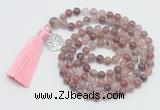 GMN1886 Knotted 8mm, 10mm purple strawberry quartz 108 beads mala necklace with tassel & charm