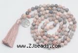 GMN1890 Knotted 8mm, 10mm pink zebra jasper 108 beads mala necklace with tassel & charm