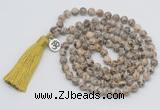 GMN1893 Knotted 8mm, 10mm feldspar 108 beads mala necklace with tassel & charm