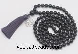 GMN1896 Knotted 8mm, 10mm black obsidian 108 beads mala necklace with tassel & charm