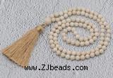 GMN200 Hand-knotted 6mm white fossil jasper 108 beads mala necklaces with tassel