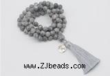 GMN2010 Knotted 8mm, 10mm matte grey picture jasper 108 beads mala necklace with tassel & charm