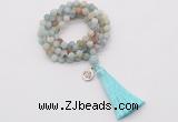 GMN2023 Knotted 8mm, 10mm matte amazonite 108 beads mala necklace with tassel & charm