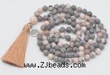 GMN2029 Knotted 8mm, 10mm matte pink zebra jasper 108 beads mala necklace with tassel & charm