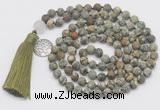 GMN2031 Knotted 8mm, 10mm matte rhyolite 108 beads mala necklace with tassel & charm