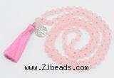 GMN2035 Knotted 8mm, 10mm matte rose quartz 108 beads mala necklace with tassel & charm