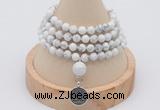 GMN2418 Hand-knotted 6mm white howlite 108 beads mala necklace with charm